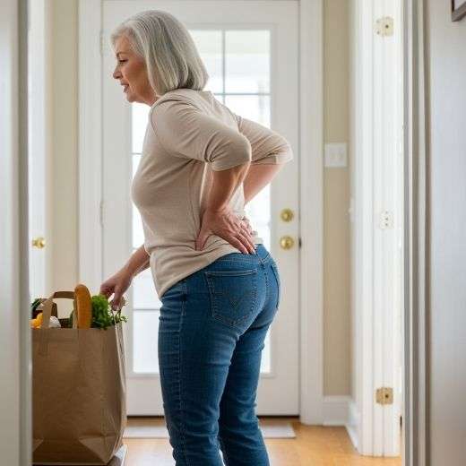 Frau hebt Einkaufstasche, Rückenschmerzen